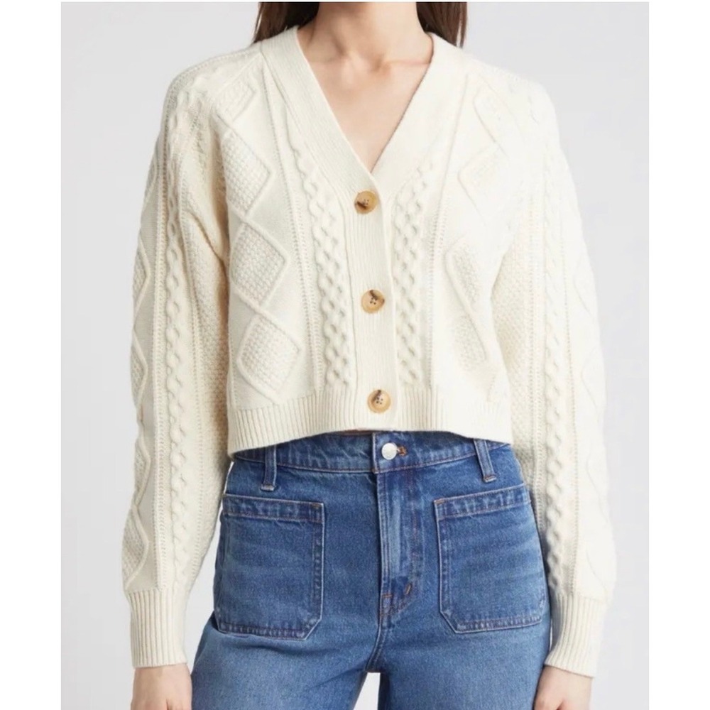 Madewell Wool Blend Cable Knit Cropped Cardigan Sweater Cream XS N0010
